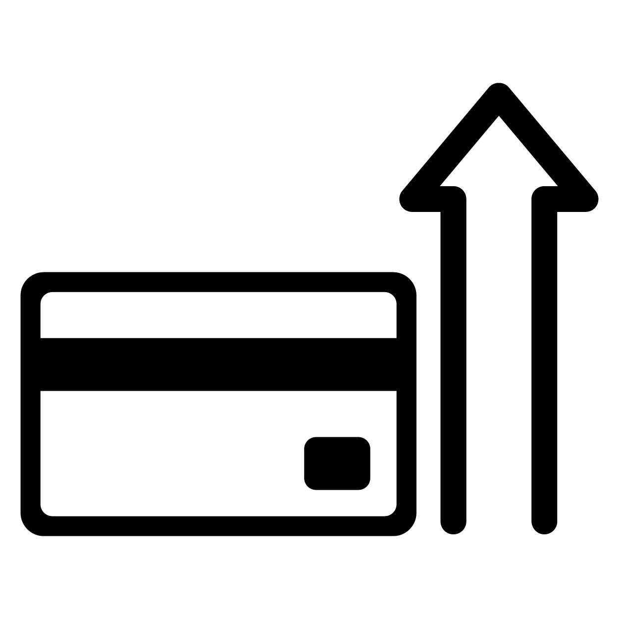 Simple line graphic of a debit card and arrow pointing upwards.