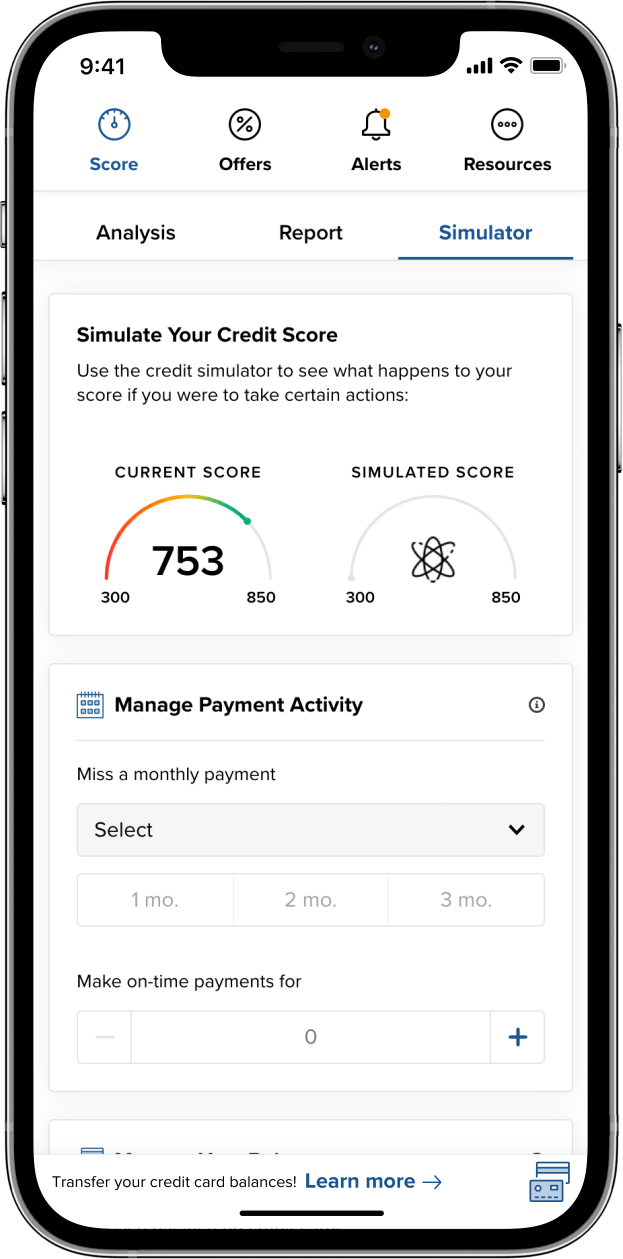 Phone showing options for simulating what could happen to a credit score.