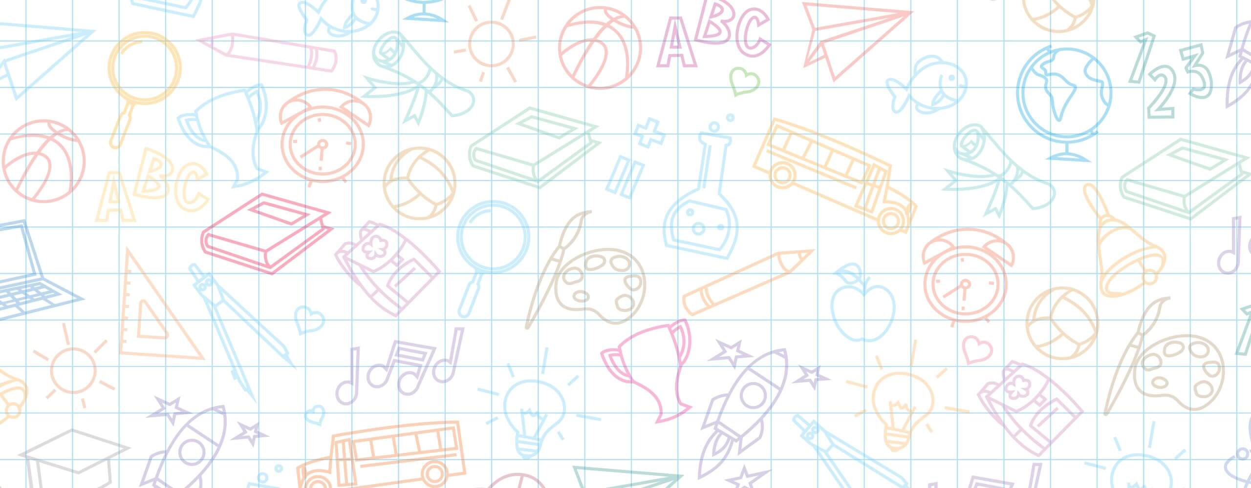 Cartoon graphic of school supplies such as backpacks and books as well as educational topics like science and music.
