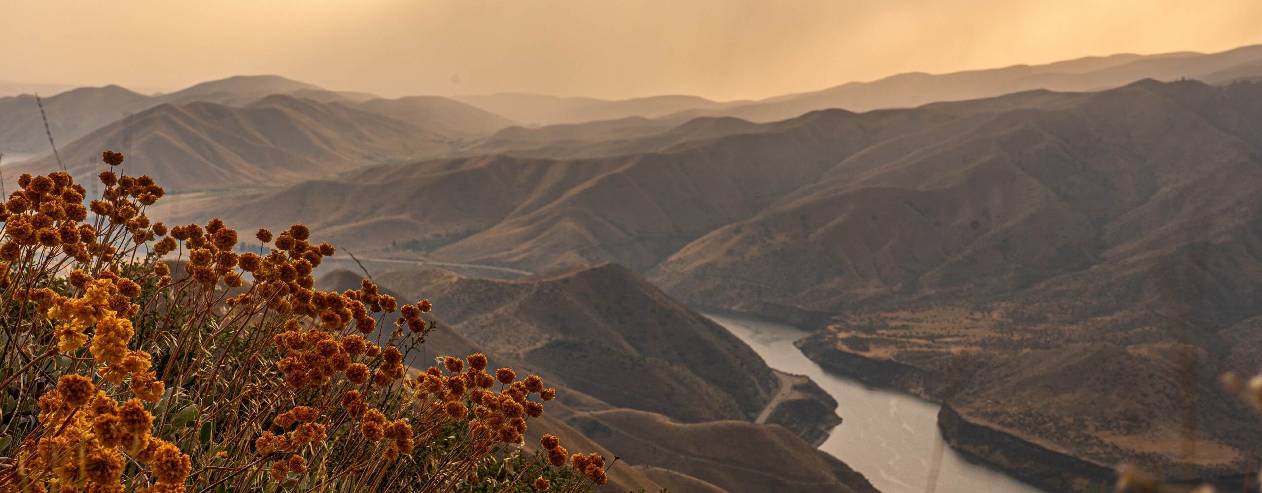 Mountain valley with a river running through it and Summer light shining on the landscape.