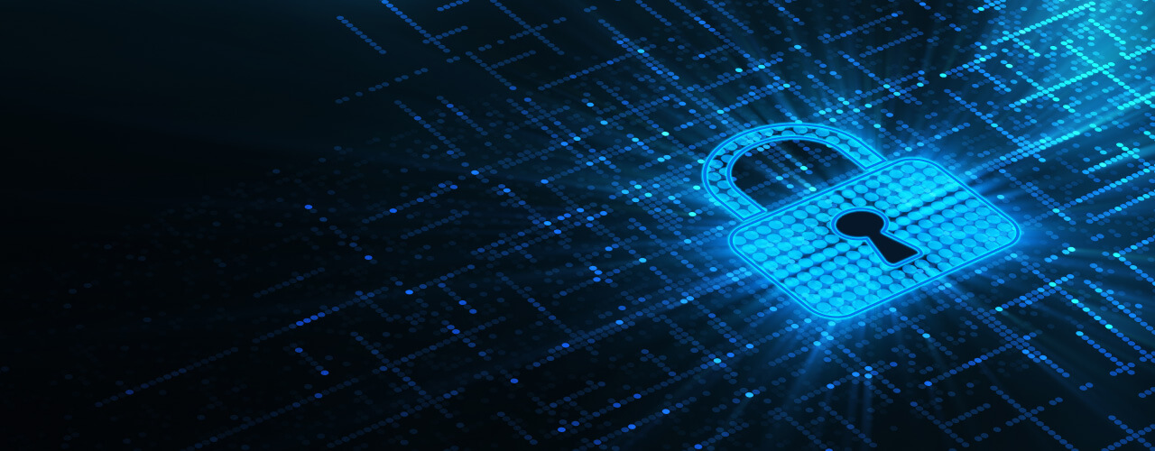 Blue digital landscape with a graphic of a padlock over the top.