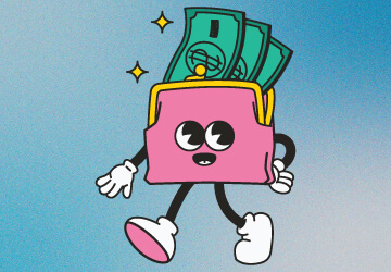Cartoon stylized character of a coin purse.