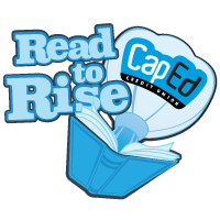 Cartoon graphic of CapEd's Read to Rise hot air balloon flying out of a book.