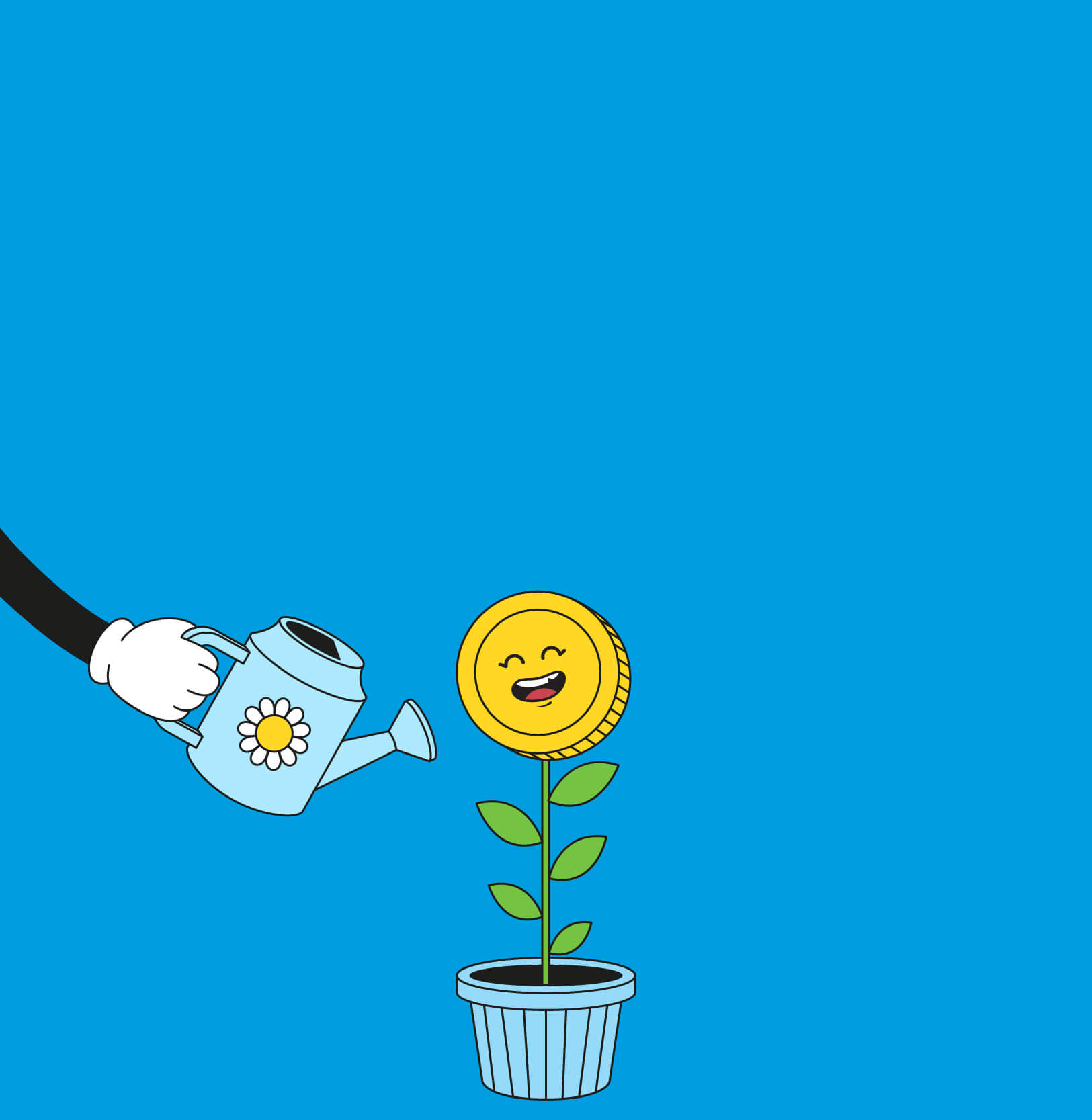 Cartoon graphic of an arm holding a watering can and watering a smiling flower in the shape of a coin.