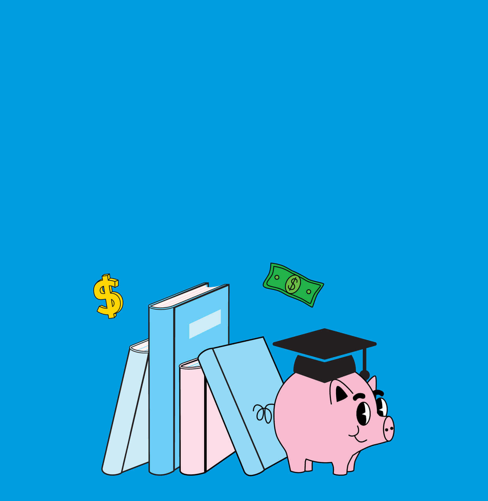 Piggy bank wearing a graduation cap and smiling next to a stack of academic books.