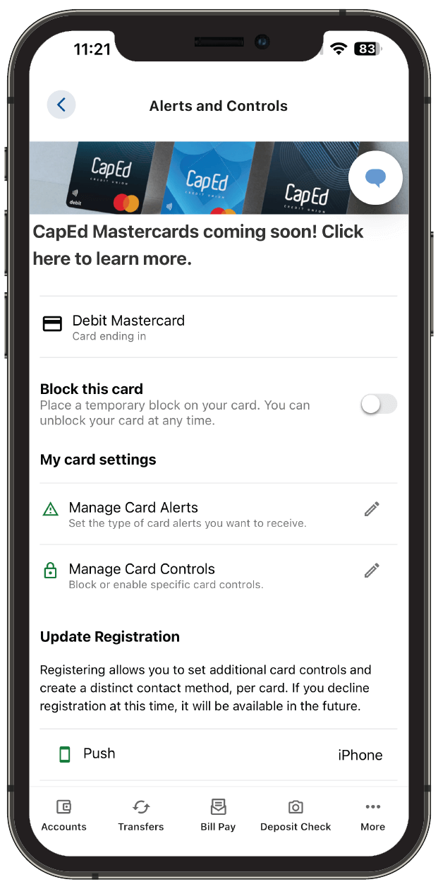 Settings menu within Card Command that lets you choose to block a card, manage card alerts, manage card controls, or update card registration.