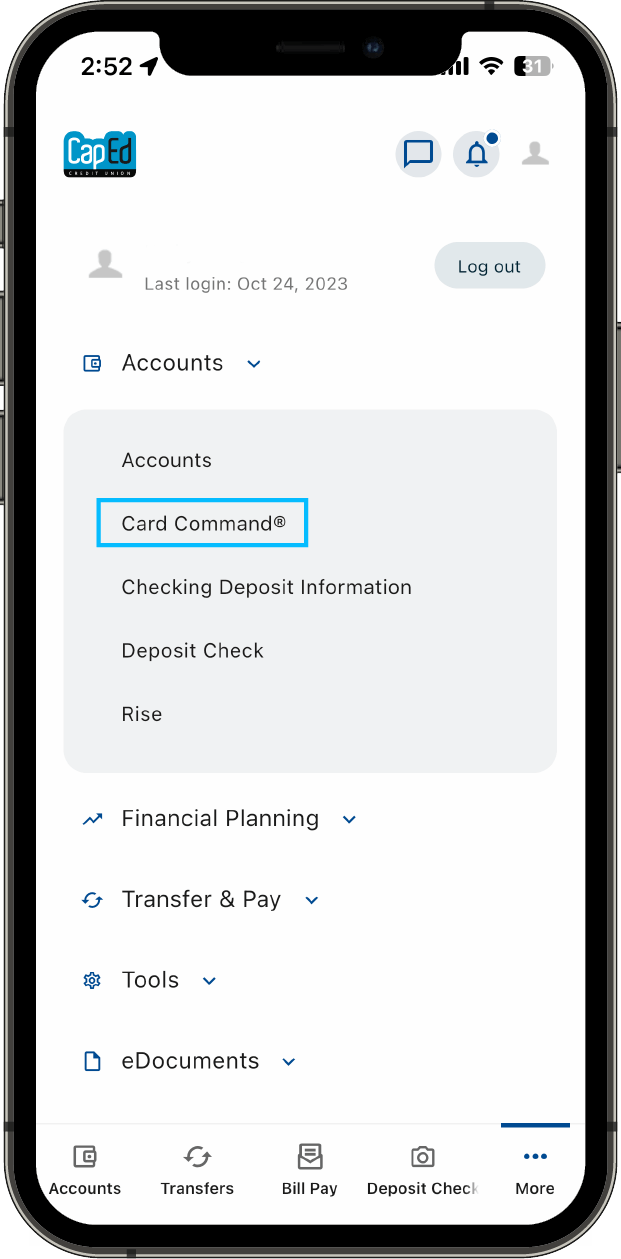 Phone showing the location of the CardCommand option in the CapEd mobile app under the Accounts tab.