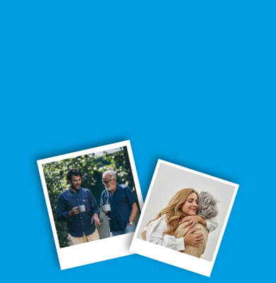 Two photographs. One depicts a younger and older man walking and talking while holding coffee cups. The other is a younger and older woman hugging one another.