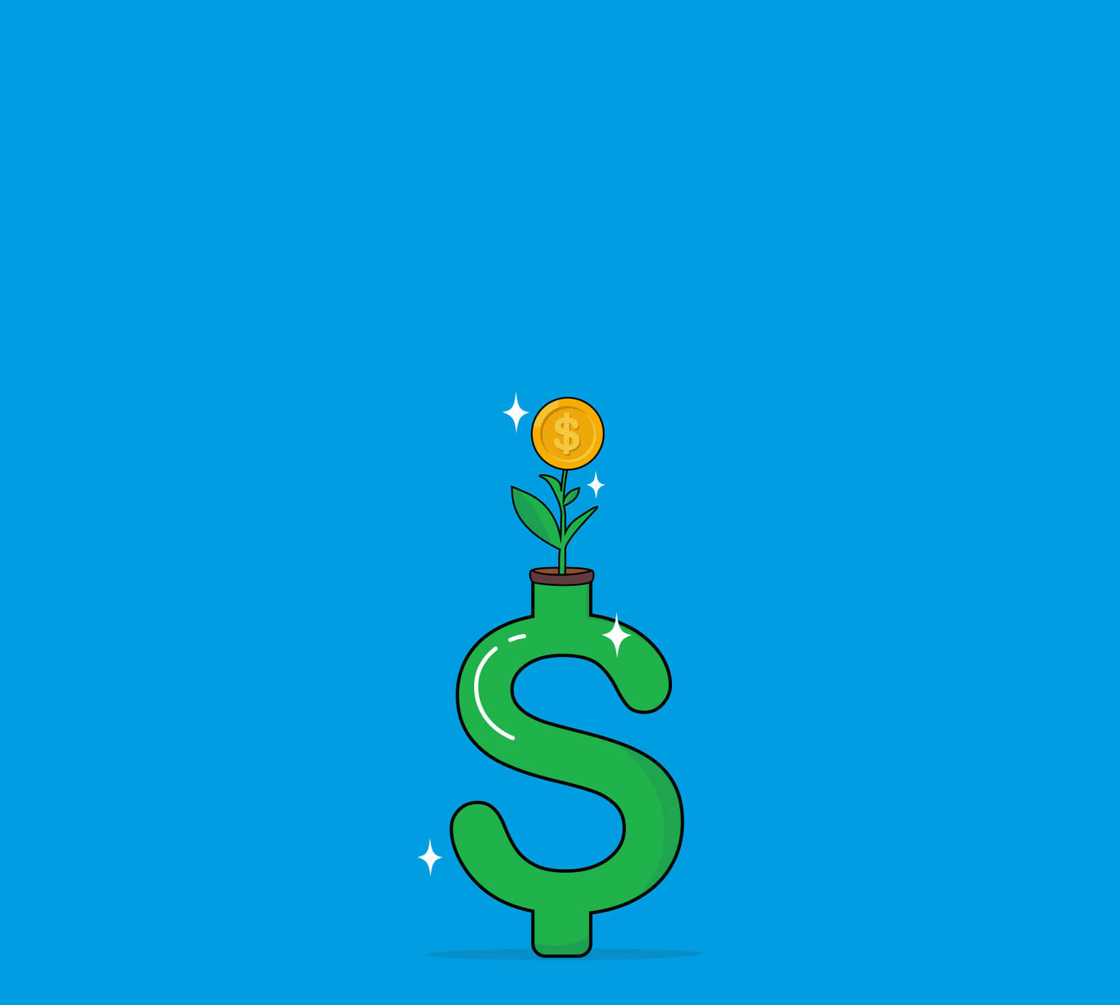 Plant pot in the shape of a dollar sign with a flower growing out of the top of it.