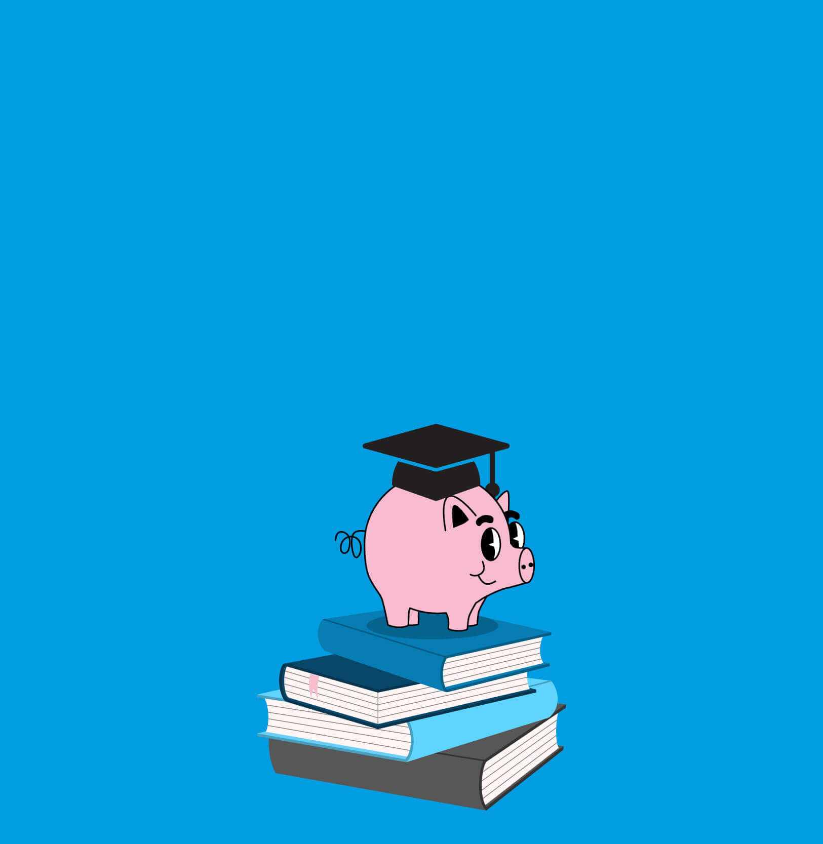 Cartoony graphic of a piggy bank standing on top of a pile of textbooks.