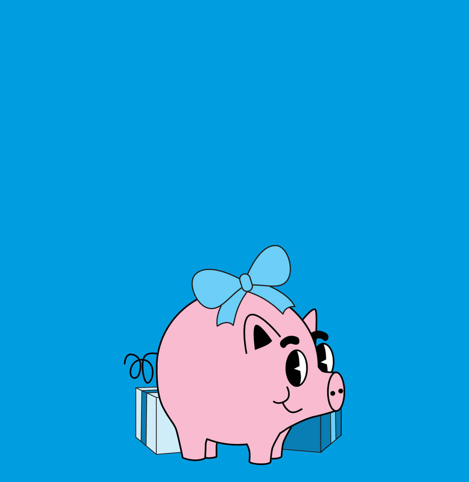 Cartoony graphic of a piggy bank standing around holiday gift boxes.