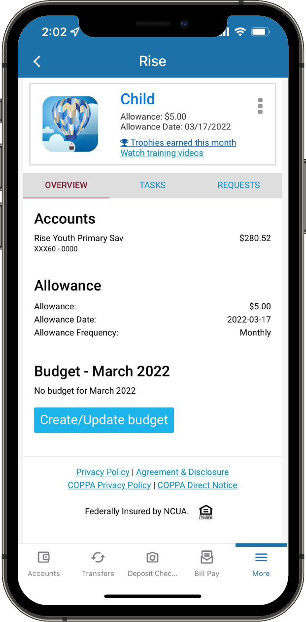 Phone with the Rise app account overview screen showing account balances and budget.