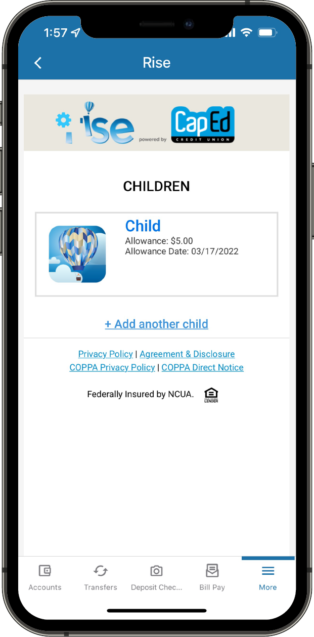 Phone with the Rise app parent view where they can view and add child accounts to the app.