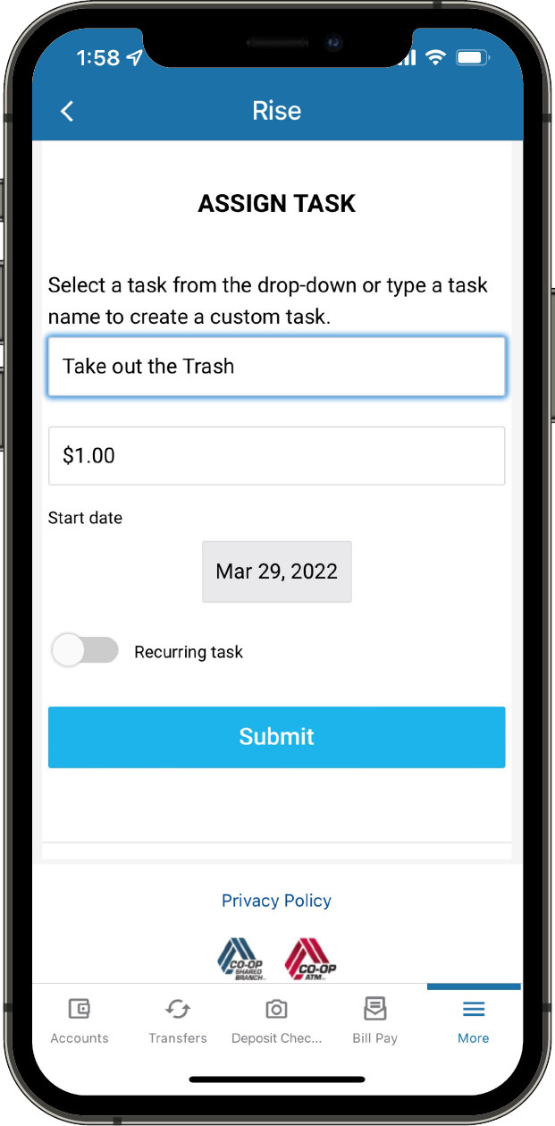 Rise app menu where a parent can add chores and cash rewards for them to be completed.