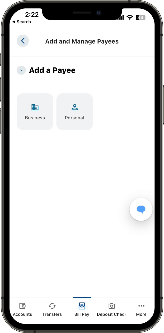 Bill Pay add payee screen with options for the payee to be a business or individual.