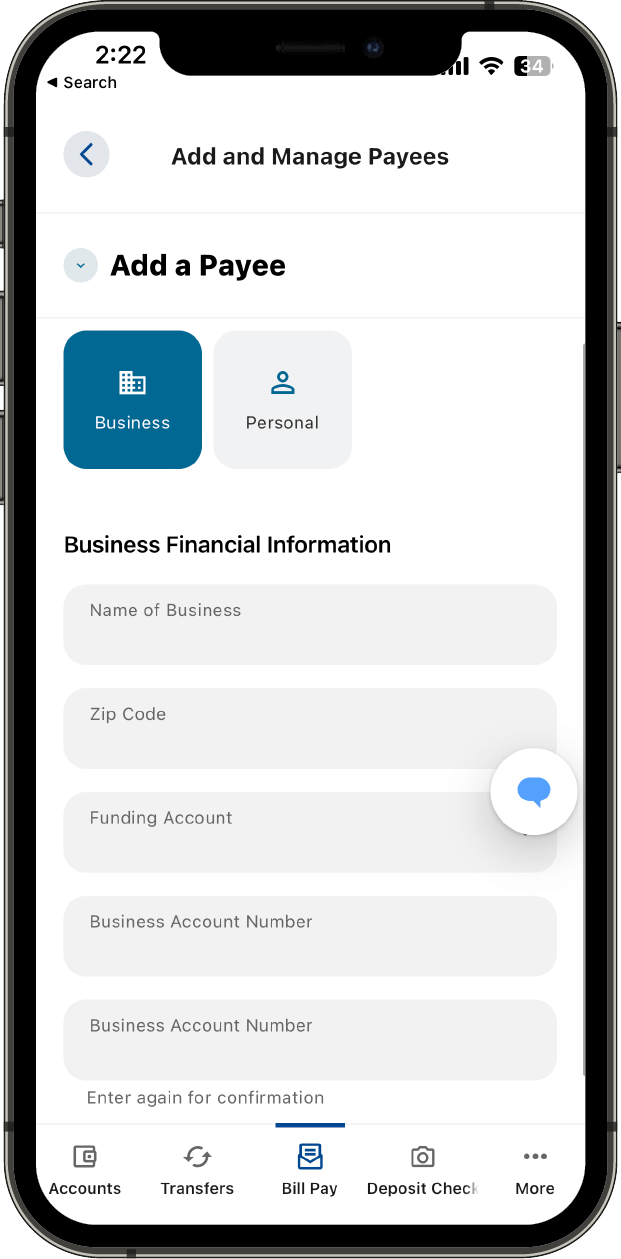 Option menu to add financial information for a business payee in Bill Pay.