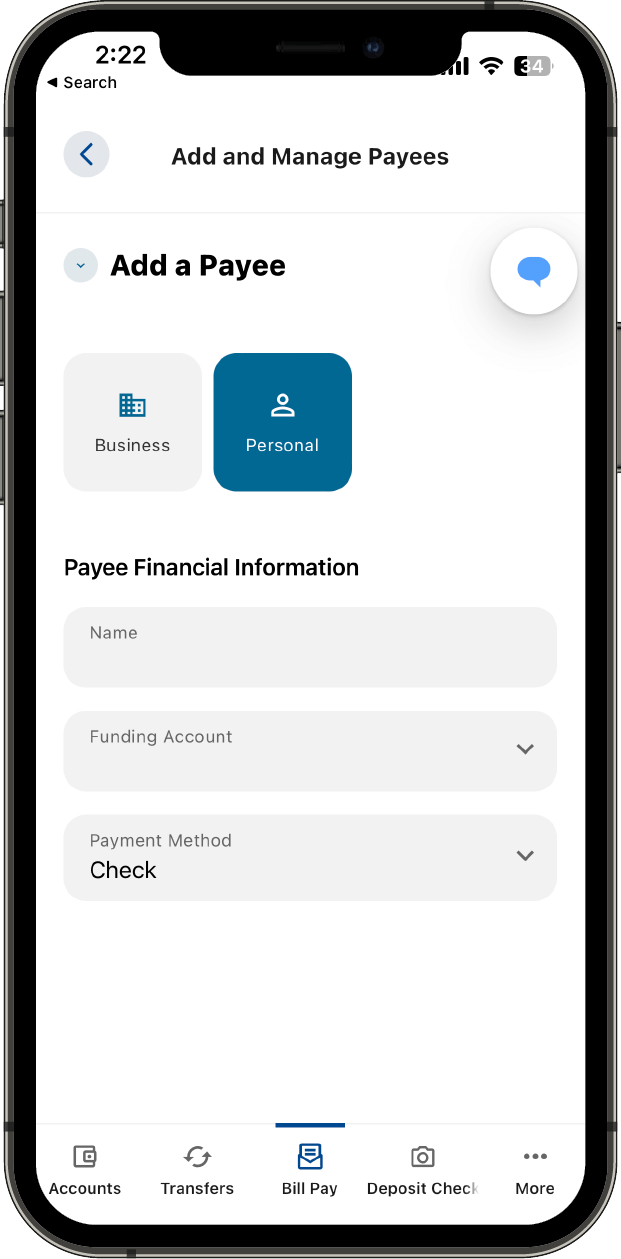 Option menu to add financial information for a person payee in Bill Pay