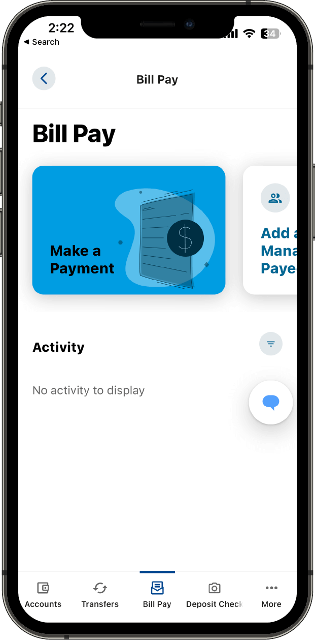 Bill Pay widget landing page with option to add a payee.
