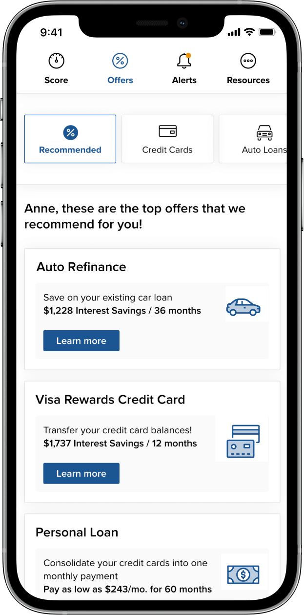 Phone showing reccommended offers that will help improve a credit score.