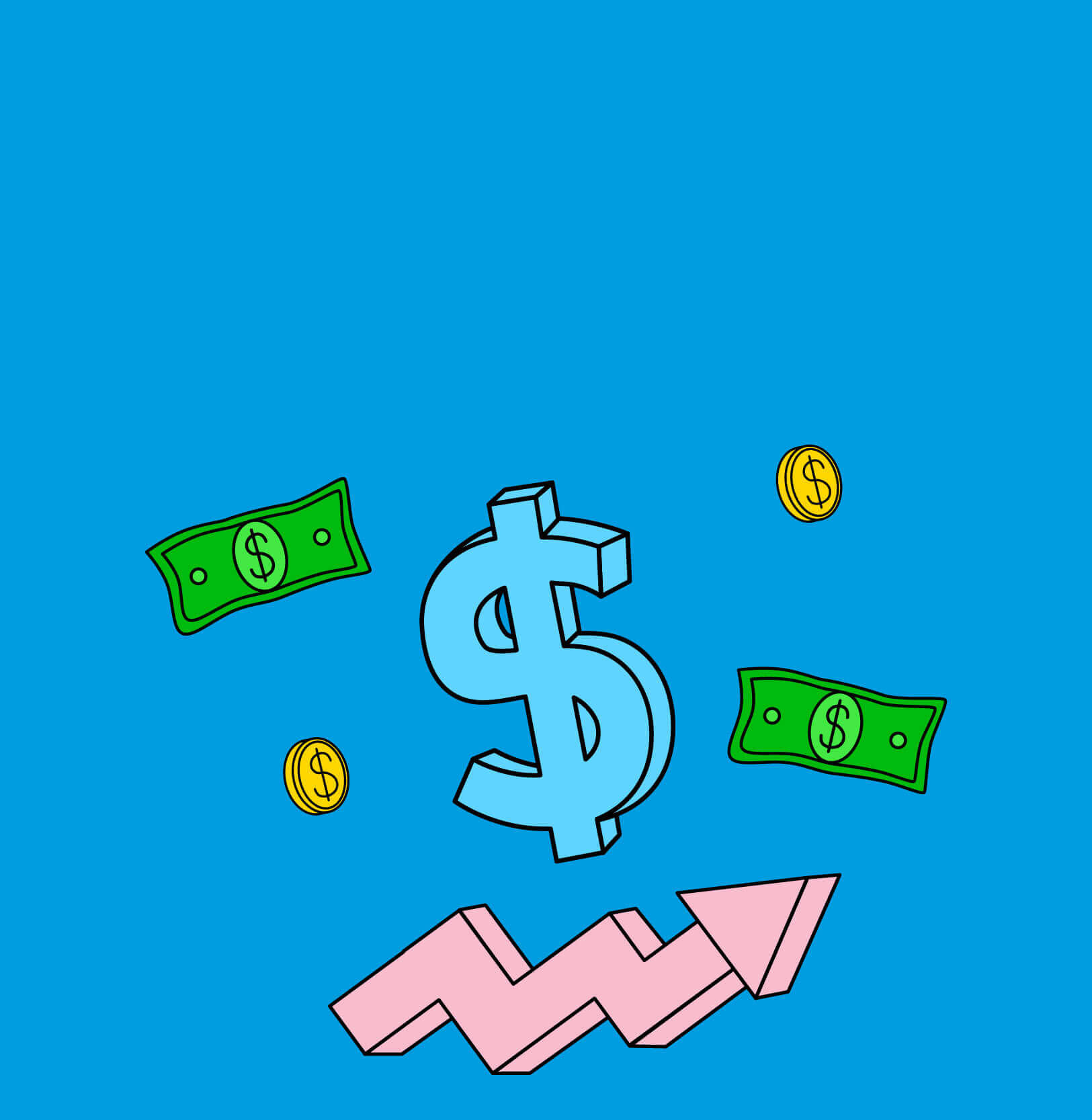 Stylized graphic of a dollar sign, money, and a positively trending chart line.